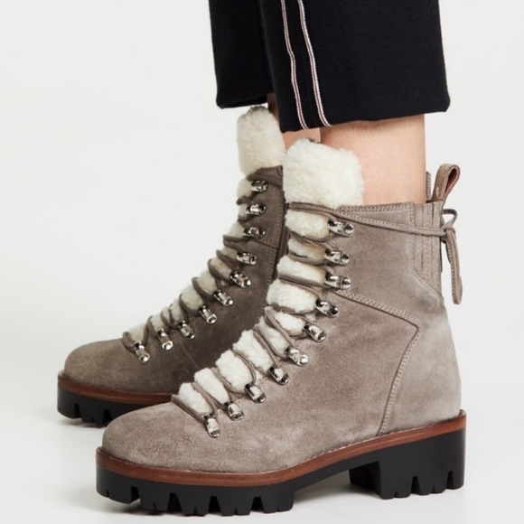 JEFFREY CAMPBELL Culvert Grey Suede Faux Sherpa Lace Up Lug Sole Platform Boots - Picture 1 of 8